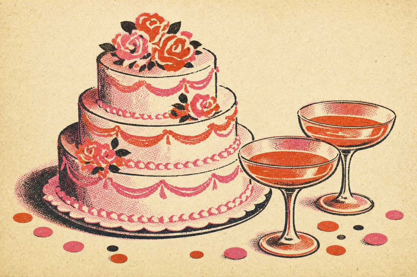 Vintage print illustration of a three tier wedding cake and two champagne coupes